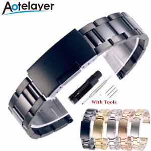 Aotelayer Big Size 16mm 18mm 20mm 22mm 24mm 26mm 28mm 30mm Width Solid Stainless Steel Flat Head Universal Watchband Bracelet Folding Buckle Watch Band Wristwatch Accessories With Tools