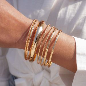 RGFV 6Pcs/7Pcs Gold Silver Wide Open Bangle Set Europe American Style Metal Star Pentagram Exaggerated Bracelet Temperament Alloy Cuff Bangles Kit Women Gift