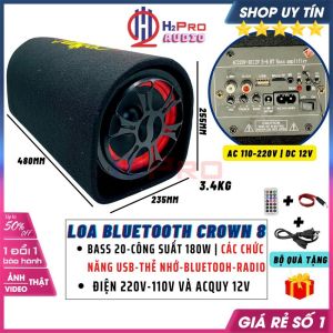 Loa bluetooth Crown 8 Bass 20-180W Usb-Thẻ Nhớ-Radio Fm Điện 12V-220V Loa Bluetooth 12V Cho Ô Tô Nhạc Hay-H2Pro Audio
