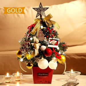 Mini Christmas Tree with LED Lights Desktop Gold Red Mini Small Christmas Tree Set Home Decoration