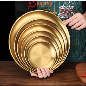 Đĩa inox tròn phong cách Hàn Quốc - khay inox Anshin mâm mạ vàng bạc đựng thức ăn thịt nướng kim y tế spa