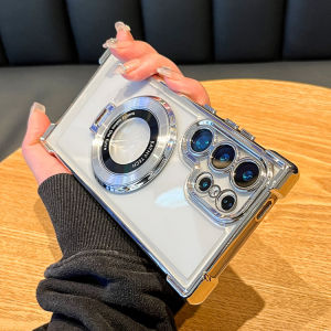 เคสโทรศัพท์ชุบโลหะด้วยไฟฟ้าโปร่งใสพร้อมขาตั้งสำหรับ Samsung Galaxy S24 S23พิเศษเคสป้องกันเฉียบ S22พิเศษพร้อมฟิล์มเลนส์กล้องถ่ายรูปเคสกันกระแทก