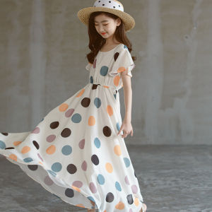White Black Maxi Long Teen Girls Chiffon Dress Summer 2024 New Kids Clothes Short Sleeves Childrens Dresses Holiday Beach Fashion Clothing Spring Autumn Dress For Girl Fashion