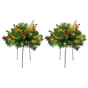 Twin Set Illuminated Artificial Christmas Tree Feature Red Foam Berries Solid Iron Base for Garden Patios Seasonal Display