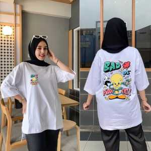 Atasan Oversize Lengan 7/8 Gambar Belakang Bad Duck / Kaos Oversize Wanita Model Panjang Belakang / Atasan Wanita Ukuran L XL Dan XXL