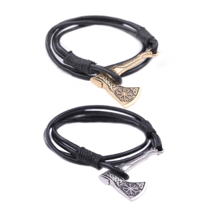 Fashionable Mens Leather Bracelet Gold/Silver Axes Pendant Handchain Stylish Wrist Accessory for Fashion Enthusiasts