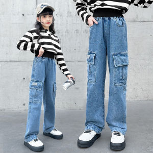 Kids Girls Loose Pants New Design Jeans 5-16 Yrs Straight Leg Wide Leg Trousers Baggy Denim Pants Embroided Design Fashion Jeans Aesthetic Elasticated High Waist Pants