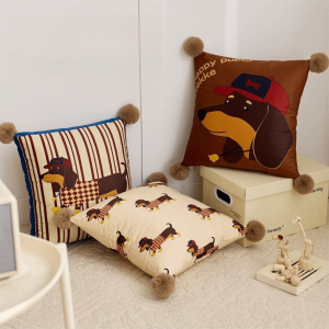 BUNSB Soft Cartoon Dachshund Pillow Cover Sausage Puppy Printing Sofa Pillowcase Decorative Plush Ball Cushion Cover Living Room Decor