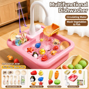 Kids Pretend Play Kitchen Sink Set Water Pump Dishwasher Toy with Fishing Game Fruits Vegetables
