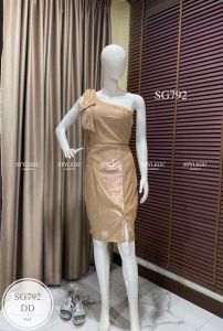 ES792 ชุดเดรสออกงาน เบี่ยงโบว์ด้านข้าง เหมาะใส่ออกงาน ปาร์ตี้ ดินเนอร์หรู ผ่าด้านหน้า มีซับใน ฟองน้ำ