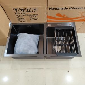 Chậu Rửa Bát 2 Hố Bồn Rửa Chén 2 Ngăn Inox SUS 304 Mạ Nano (KT 82x45cm) Kèm Vòi Rửa Bát Nóng Lạnh