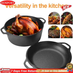 [HOSPORT Official Mall]2 in 1 Iron Dutch Oven with Dual Handles Dutch Oven Pot Skillet Cookware Pan Set for Bread Baking