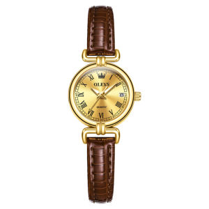 OLEVS 5645 Women Quartz Fashion Watch Gift Round-dial Leather Watchband Wristwatch Calendar Luminous