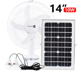 POWERPH 12 Inch 14 Inch Rechargeable Electric Solar Fan With 3W 10W Solar Panel 2 LED Lights Multi-Function Outlet Charger