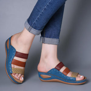 [Free Shipping] Summer Color-Blocked Casual Slip-On Hollow Wedge Heel One-Strap Sandals For Women In Large Sizes