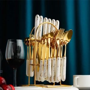 24 Pcs Gold stainless steel cutlery marble pattern Knife Forks Spoons Set light luxury gift box