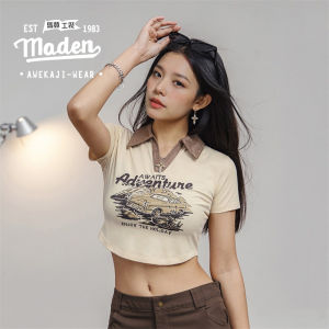 MADEN brand cute and mischievous nightclub girl retro printed polo shirt with exposed waist short shoulder length short sleeves slim fit and slimming T-shirt spicy girl collarbone