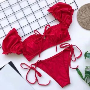 VCH 3Pcs Split Swimsuit Three Pieces Bikini Suit Ruffle with Flower Hair Clip Beachwear Clothing Stylish Y2k Swimwear Set Ladies