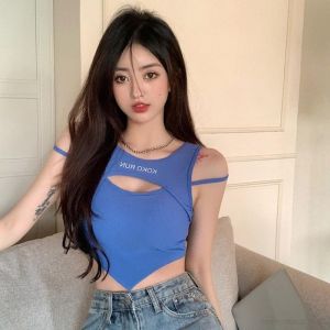 B1T1 Irregular Printed Padded Vest Crop Top Hollowed Out Camisoles Crop Top for Women
