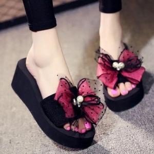 [Free Shipping] Fashionable WomenS Summer Slippers New Style With Bow Thick-Soled Versatile Slip-On Non-Slip Wedge Heel Beach Shoes