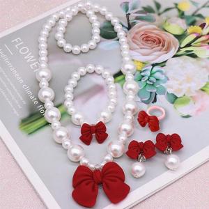 5pcs/Set Kid Elegant Jewelry Set Cute Pearl Bow Rings Necklaces Bracelet Earrings for Girls Birthdays Gift