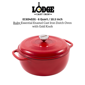EC6D402G - Lodge 6 Quart / 10.5"/ Ruby Enameled Cast Iron Dutch Oven Enamel Pot with Gold Knob