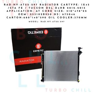 Radiator for IX45 / STA FE / TUCSON DSL D4HB 2012-2015 AT Core Size 510*478*22 OEM 253102B950 NS 675046 Carton Size 680*140*590 Oil Cooler 370mm RAD-HY-AT22-297