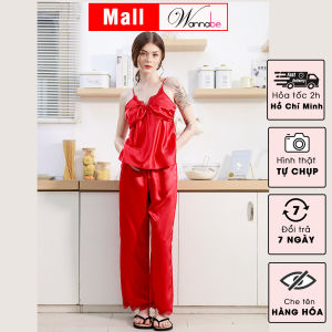 Đồ bộ mặc nhà WANNABE BDS38 đồ bộ quần dài áo hai dây cúp ngực nhúng phồng viền ren tạo sự nữ tính cho người mặc