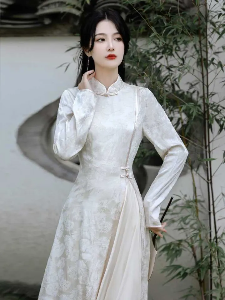 Womens Elegant Formal Ao Dai Dress Vietnamese Traditional Oriental Style  Gown