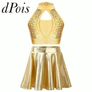 Kids Girls Cheerleading Uniform Outfits Two-Piece Sets Sequin Sleeveless Crop Top with Metallic Skirt Childs Jazz Dance Costume2026