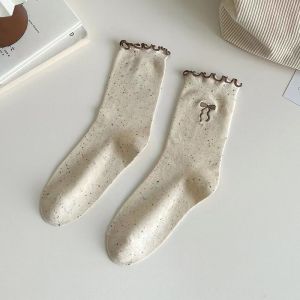 AHOURR ถุงเท้ายาวปลายระบายผูกโบว์ ถุงเท้ายาวปานกลางแบบบาง สไตล์ญี่ปุ่น สำหรับผู้หญิง