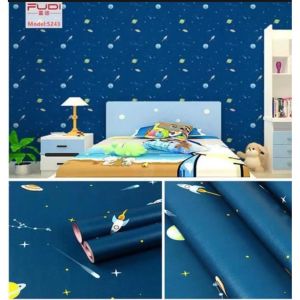 Wallpaper Dinding +/-8m +-/45m Kamar Tidur Plafon Motif PLANET Biru Walpaper Sticker Murah Dekorasi Rumah