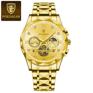 POEDAGAR Mens Watches Business Quartz Stainless Steel Gold Watch for Men Chronograph Wristwatches Waterproof Luminous Man Clock Original Men Watch +Box
