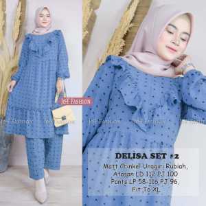SETELAN TUNIK WANITA DEWASA MOTIF POLKADOT LENGAN PANJANG KULOT PANJANG SELETING DEPAN BUSUI DELISA BAHAN IMPORT TERLARIS TERBARU KEKINIAN MATT CERINGKEL URAGIRI