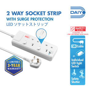Daiyo DE 382 2 Way LED Surge Protector Power Extension Socket Strip with 3 Metre Power Cord