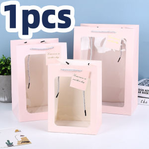 1Pcs White cardboard transparent window gift bag / Birthday gift bag / Wedding gift bag