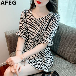 AFEG new Korean version of round neck fashion waist temperament polka dot chiffon short sleeve blouse for women