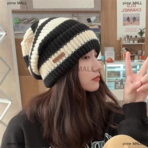 pime MALL หมวกให้ความอบอุ่นในฤดูหนาวสำหรับผู้หญิงหมวกถักแบบเรียงซ้อนแบบลำลองหมวกผู้ชายลายทางฮิปฮอปยูนิเซ็กส์บีนนี่ผู้หญิง