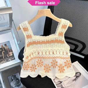 Flash Sale Summer Hollow Embroidery Knitted Camisole Women Sleeveless Irregular Tassel Tank Top