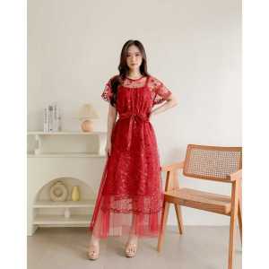 Dress Korea Shannon Gaun Brukat Tile Dress Satin Velvet Tulle Premium Midi Dress Pesta dan Natal