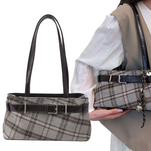 Women Canvas Plaid Shoulder Bag with Zipper for School and Work in Vibrant Colors and Lightweight Design