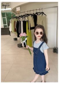 kyiibaby Girls fashion agaric edge short sleeve T - shirt + lace denim strap skirt set kybb175