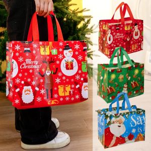 4pcs Large Christmas Tote Bag Reusable Cartoon Santa Claus Elk Snowflake Thickened Non-Woven Printed Candy Gift Packaging Bag 2024 Christmas Party Home Decoration