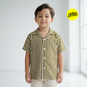 Bronkis Junior Kemeja Anak Laki Laki Lengan Pendek Premium Rayon Fullprint Warna Putih Gold Motif Stripe Salur