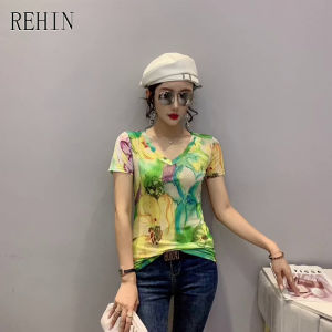 REHIN Womens top Fashion mesh unique print short-sleeved T-shirt V-neck slim and thin trend blouse