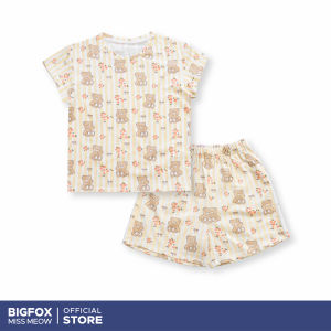 [Bộ BG thun cộc tay 06 311] Bộ quần áo bé gái Bigfox Miss Meow mặc nhà mùa hè vải cotton in gấu hoa size đại trẻ em 3-11 tuổi