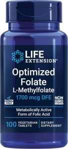 Life Extension Optimized Folate – L-methylfolate – Heart & Brain Support Healthy Homocysteine Levels – Non-GMO Gluten-Free Vegetarian – 1700 mcg DFE 100 Vegetarian Tablets