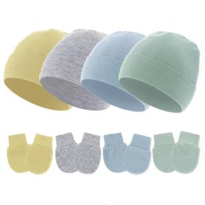 4 Set Baby Hospital Hat Comfortable Newborns Fetal Caps for Boys Girls 0 to 1 Month with Scratch Resistant Gloves