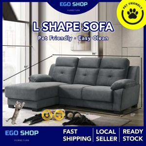 EGO Fabric Pet Friendly L Shape Sofa Anti Cakar / 3 Seater L shape Anti Scratch Sofa Velvet Easy Clean  / Premium Fabric L Sofa / 3 Seater Murah/ Grey/READY STOCK