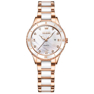 OLEVS 9985 Fashion Women Quartz Watch Gift Round-dial Ceramic Watchband Wristwatch Calendar